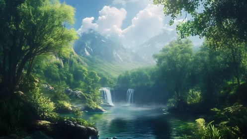 Lush mountain valley lake with twin waterfalls at sunrise.