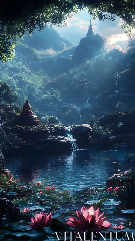 Mountain valley pond with lotus flowers and seated figure.