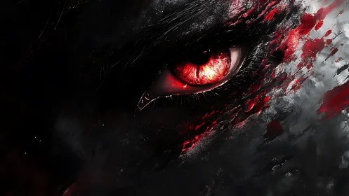 Predator eye glows red amid dark abstract textured strokes