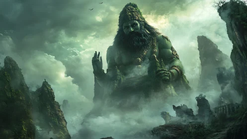 Colossal forest deity emerging from misty ancient cliffs.