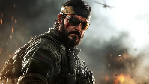 Battle-scarred tactician stalks the firelit war horizon.