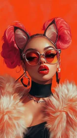 Bold neon glam portrait exudes fierce feline attitude