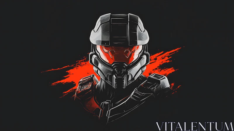 Armored space soldier emerges from vivid red darkness