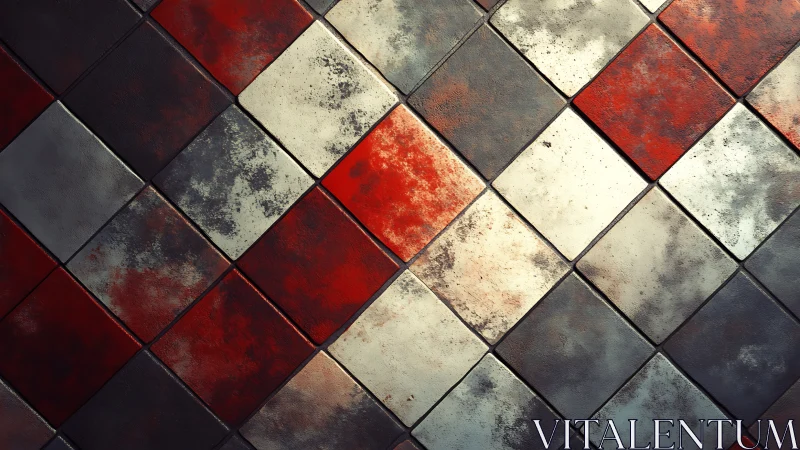 Warm rustic tiles in rich red, cream, and charcoal tones.