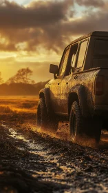 Mud-covered off-road vehicle moves along wet rural track