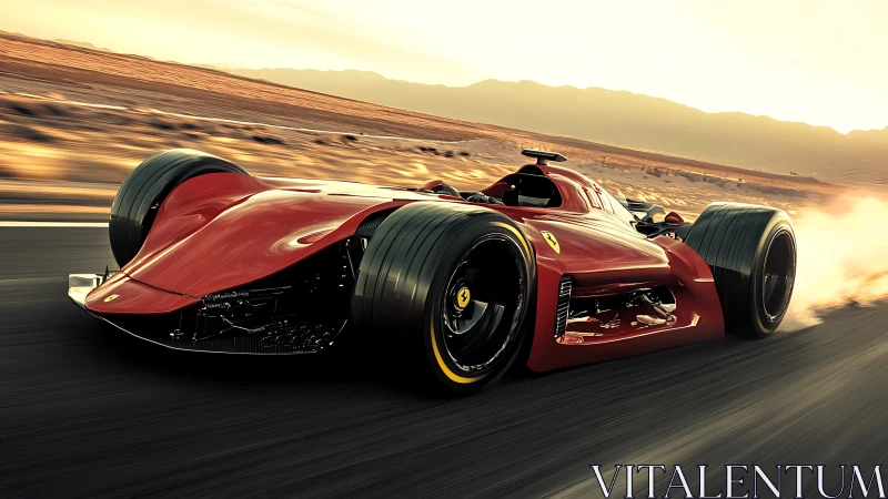 Futuristic red race car speeding along desert highway.