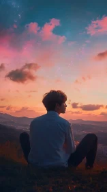 Solitary figure studies luminous pink blue twilight sky.