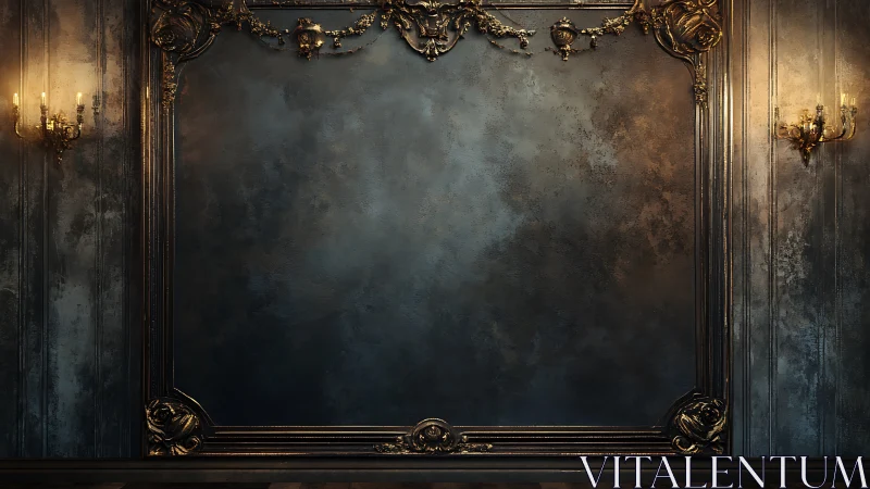 Empty baroque frame waits in moody candlelit ballroom.