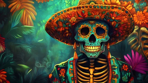 Highly saturated calavera skeleton portrait in dense jungle flora