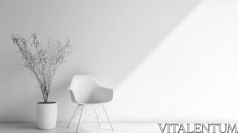 Minimalist white armchair and plant under diagonal sunlight