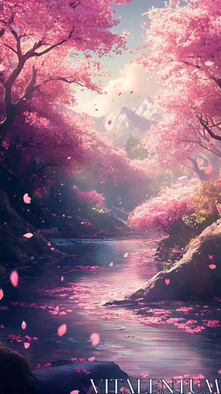 Soft cherry blossom river drifts toward distant snowy peaks