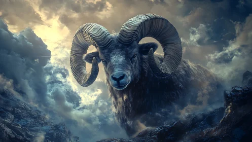 Colossal horned ram emerging through turbulent alpine clouds.