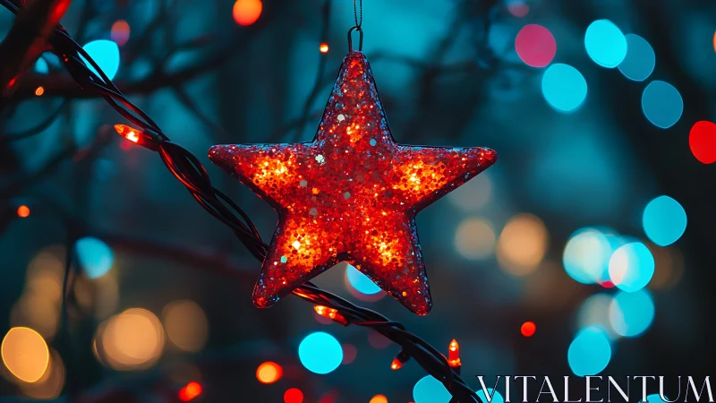 Red glitter star ornament with colorful holiday lights.