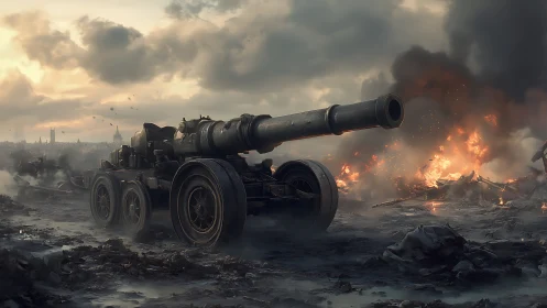 Heavy artillery cannon dominates a smoky war-torn battlefield.
