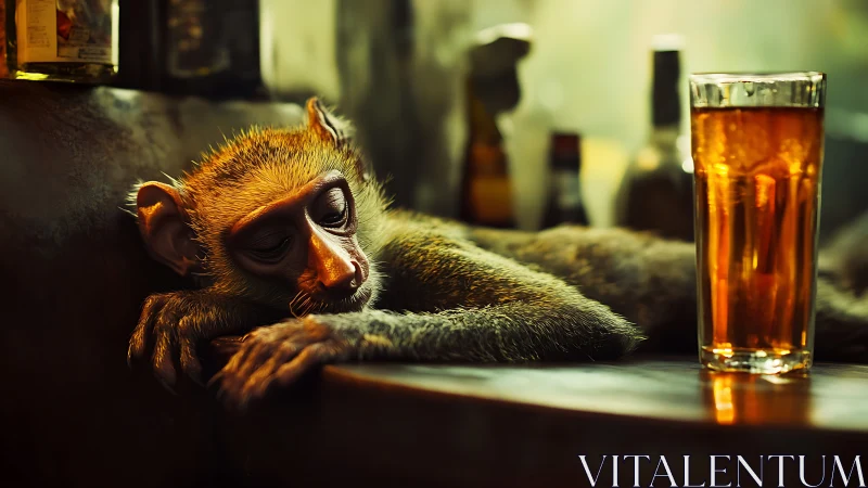 Photorealistic bar study with exhausted monkey and glass.