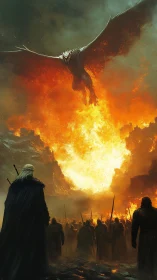 Dragon unleashes fiery wrath above embattled medieval army.