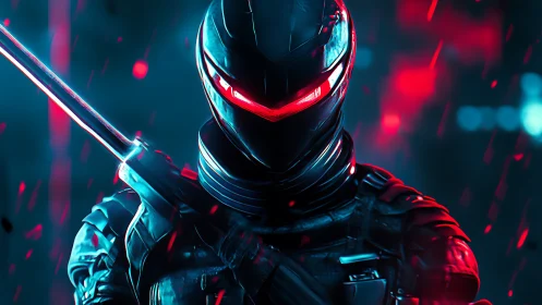 Neon visor ronin poised in rain-slashed cyber alleyways.