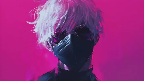 Masked neon-haired figure in vivid magenta glow portrait.