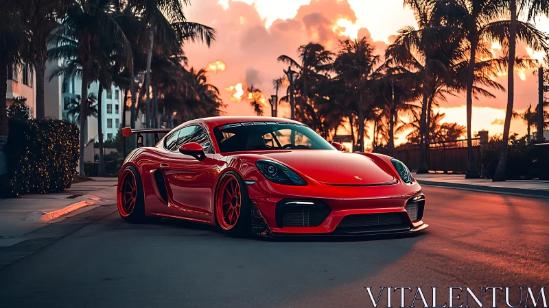 Sunlit red sports coupe on a palm-lined coastal boulevard.