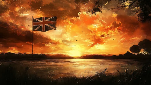 Union Jack flag glowing against a breathtaking golden sunset.