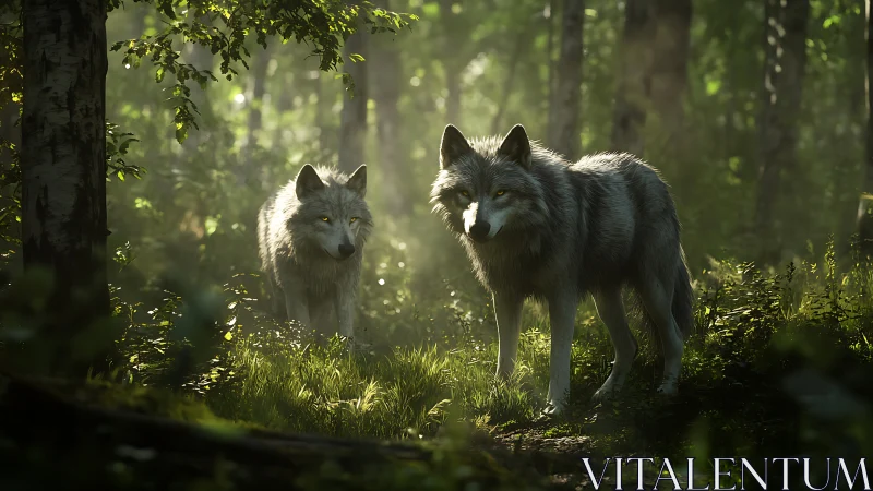 Two grey wolves stand in dappled light within dense forest