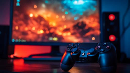 Game controller on desk before blurred monitor display.