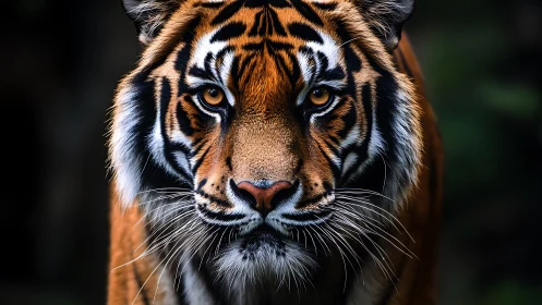 Golden eyed tiger meeting your gaze in quiet jungle calm.