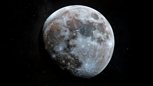 High-fidelity lunar surface render with cratered albedo mapping.