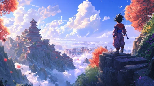 Young wanderer gazing over dreamy mountain temple city.