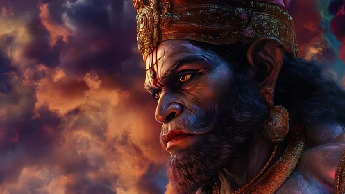 Digital painting profile of divine warrior in storm-lit chiaroscuro.