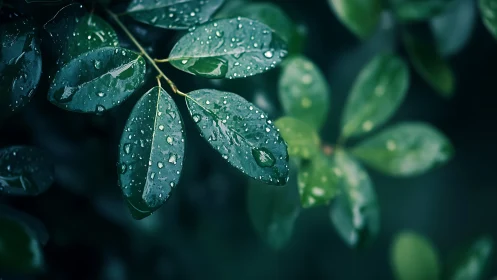 Macro study isolates rain-dappled leaves in cool green tones