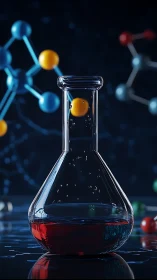 Glass lab flask glows with red solution in molecular space
