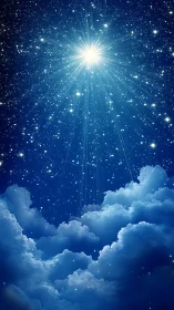 Radiant guiding star illuminates deep midnight clouds.