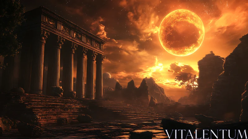 Sunlit temple ruins under a blazing celestial moon.