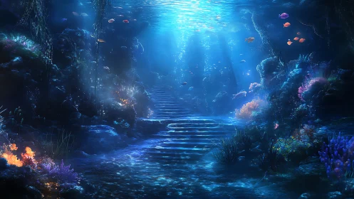 Hidden coral stairway climbs toward a moonlit sapphire surface