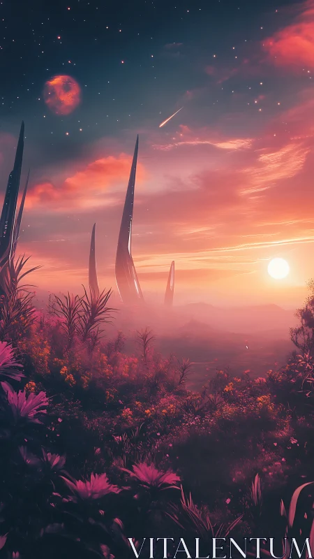 Extraterrestrial landscape displays flora, spires, and twin suns