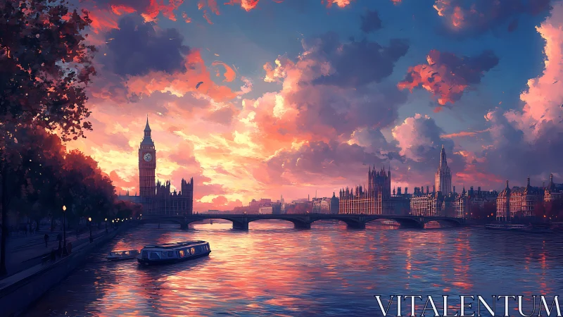 Sunset over Westminster Bridge and Thames in digital art.