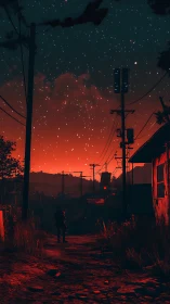 Crimson dusk swallows a lone wanderer beneath wired stars
