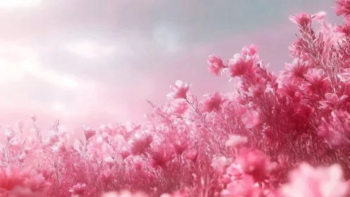 Pink Carnation Field in Soft Focus with Overcast Sky.