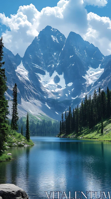 Glacial alpine lake reflects jagged snow-capped mountain massif
