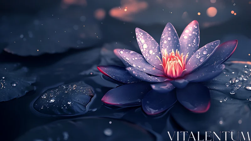 Macro-rendered water lily with dewdrops and shallow depth-of-field bokeh