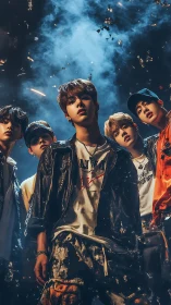 Cinematic low-angle portrait of five youths under smoke-lit sky