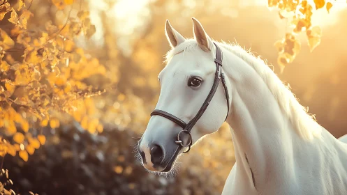 White horse in side profile stands against backlit foliage