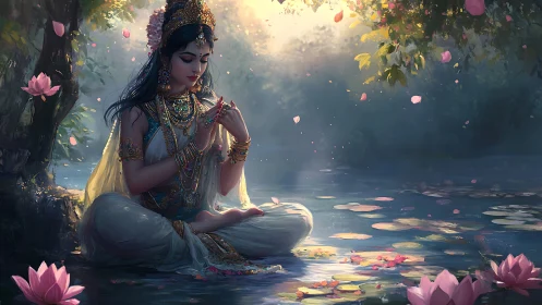 Ornate lotus goddess meditating beside luminescent forest pool.