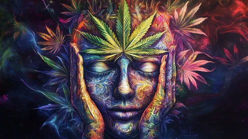 Psychedelic cannabis goddess portrait with swirling neon filigree
