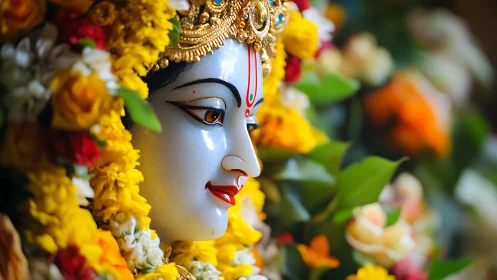 Devotional goddess idol glows amid vivid ceremonial flowers