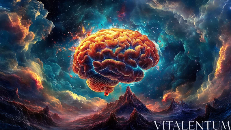 Luminous cosmic brain hovering above alien mountain landscape.