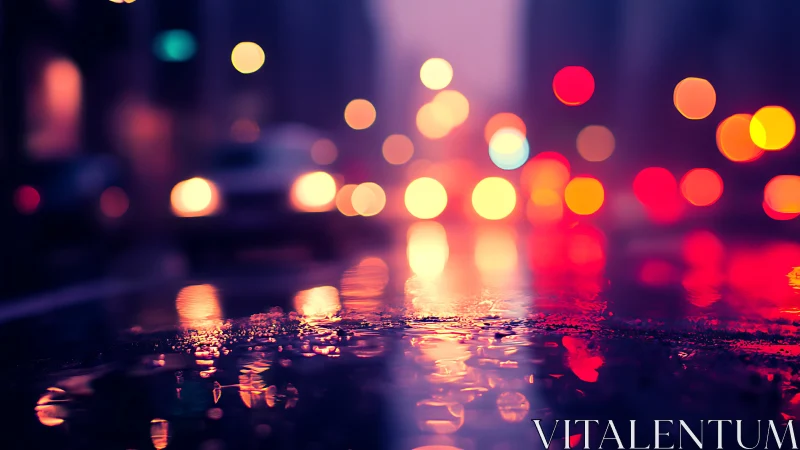 Neon city lights shimmer across a rainy midnight street