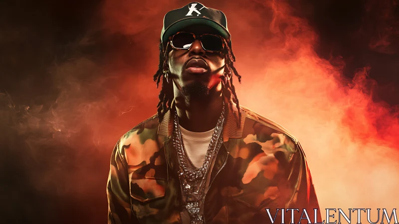Cinematic hip-hop portrait with camo styling and smoke halo.