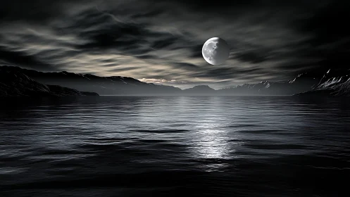 Moonlit tides whisper beneath stormy silver night skies.